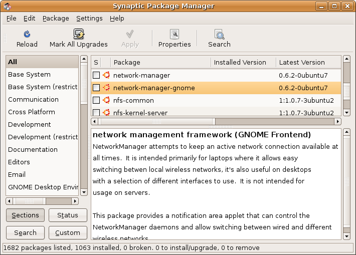 network-manager-gnome in Synaptic screenshot