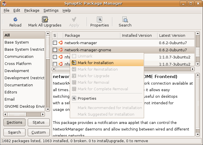network-manager-gnome installation submenu screenshot