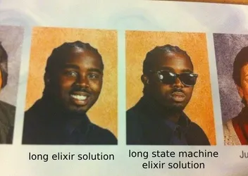 school yearbook, two people who look the same, one with glasses and one without, one with glasses implied to be cooler, since one with glasses did a long elixir solution as a state machine, vs. non glasses just having a long elixir solution