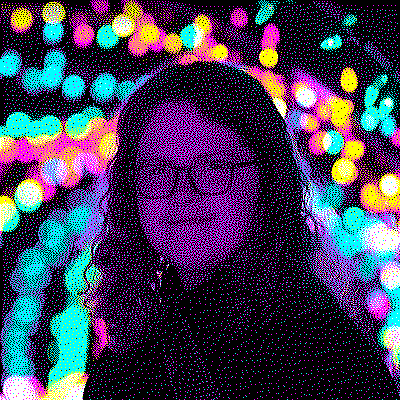 headshot of myself, with long curly hair, dithered in such a way that it looks like an image from the old internet
