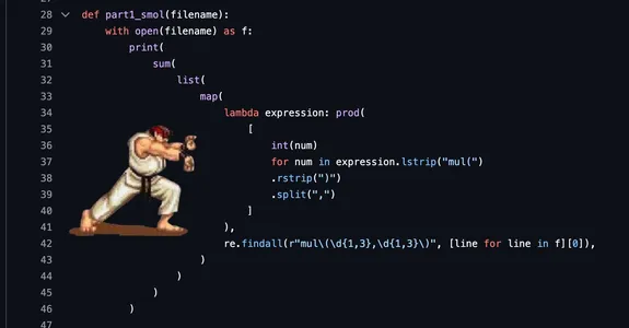 ethan's part1_smol function, with ryu from street fighter performing a Hadouken move, as if he is the one causing the code to be indented