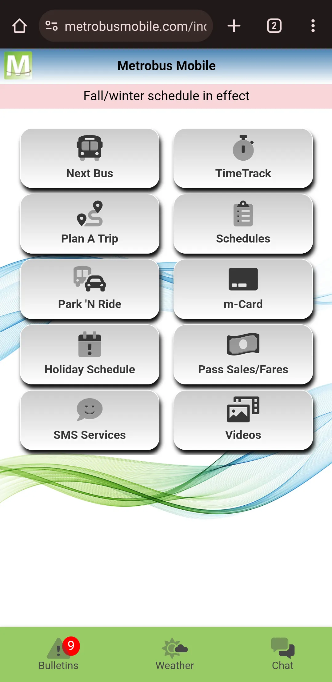 mobile web browser screenshot of metrobusmobile.com, same home page as in the application seen previously