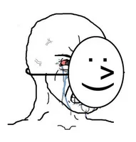 wojack meme, mask of ascii art happy face, with underlying face crying with anger